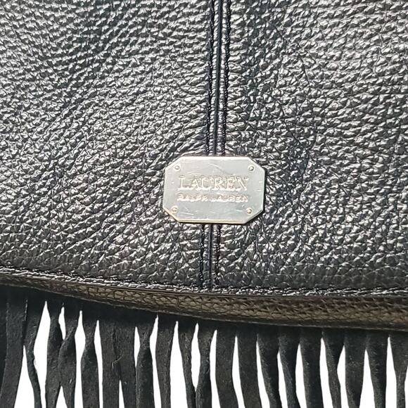 Lauren Ralph Lauren Pebble Leather Saddle Fringe Crossbody Bag Black GUC Flap - Picture 7 of 9